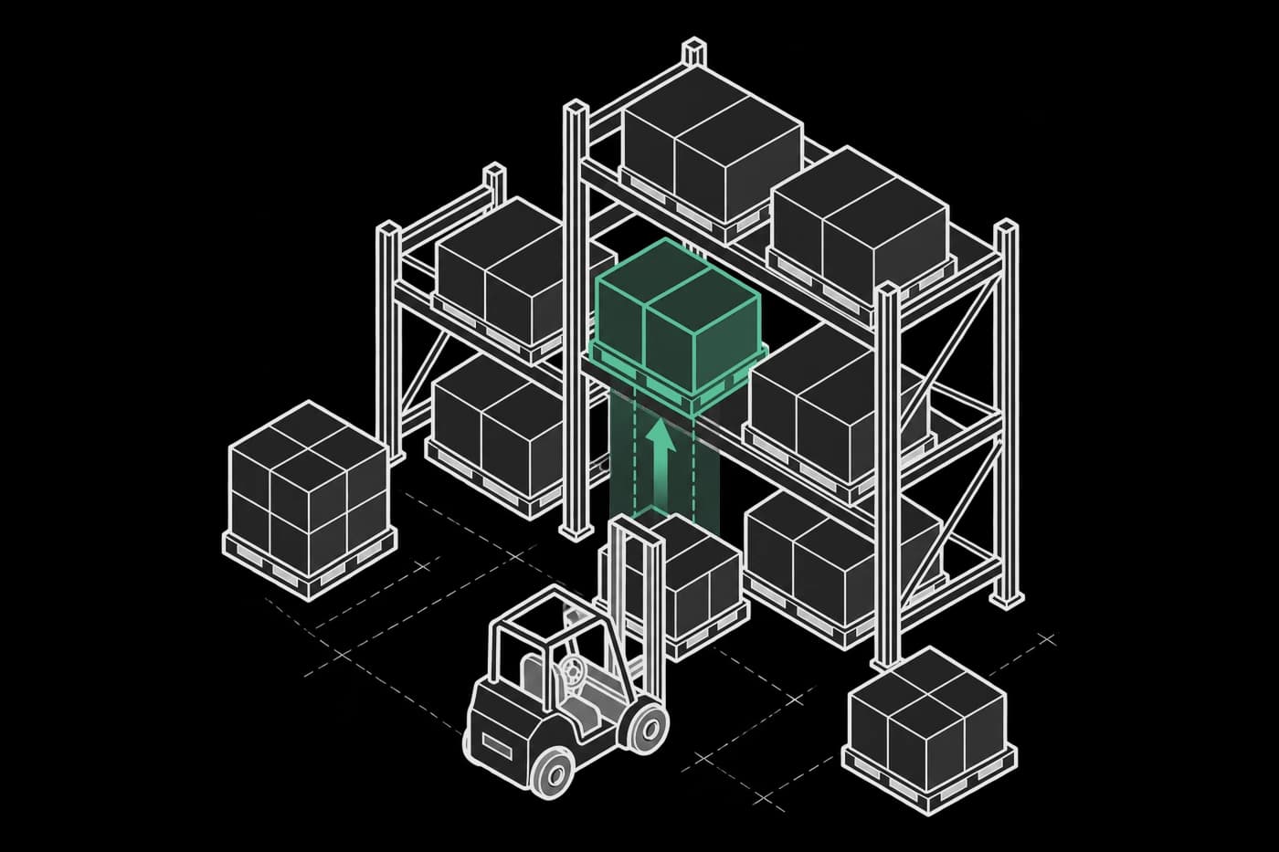 A forklift lifting a pallet into its rack slot