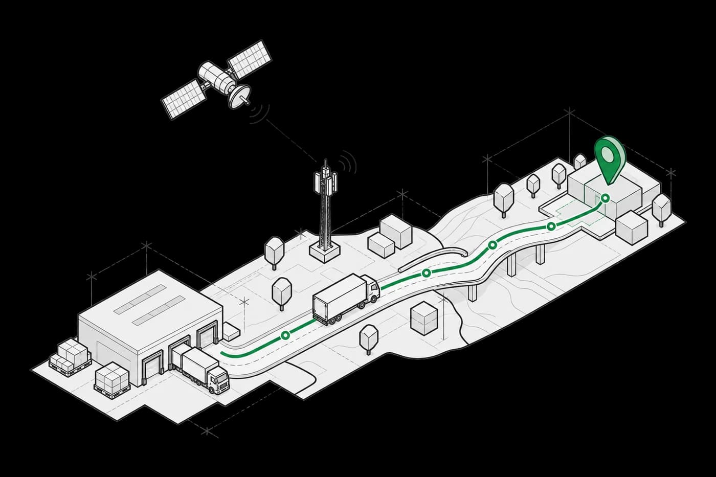 A truck tracked by satellite and cell signal from dock to delivery